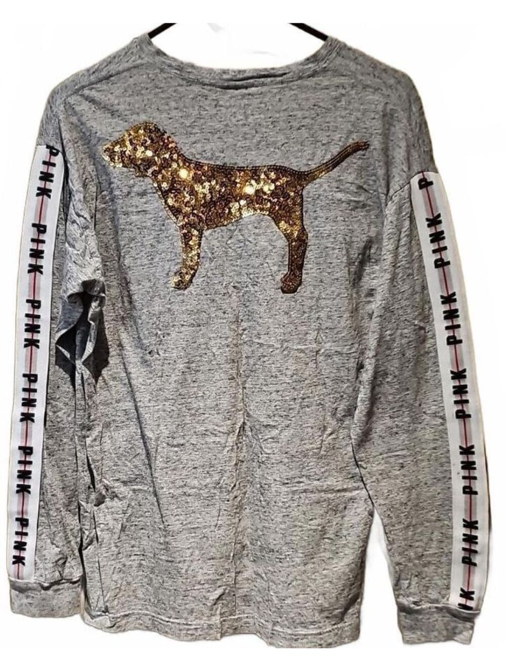 Victoria's Secret Pink Bling Campus Tee Shirt Heather Riverstone Gray Gold Dog S